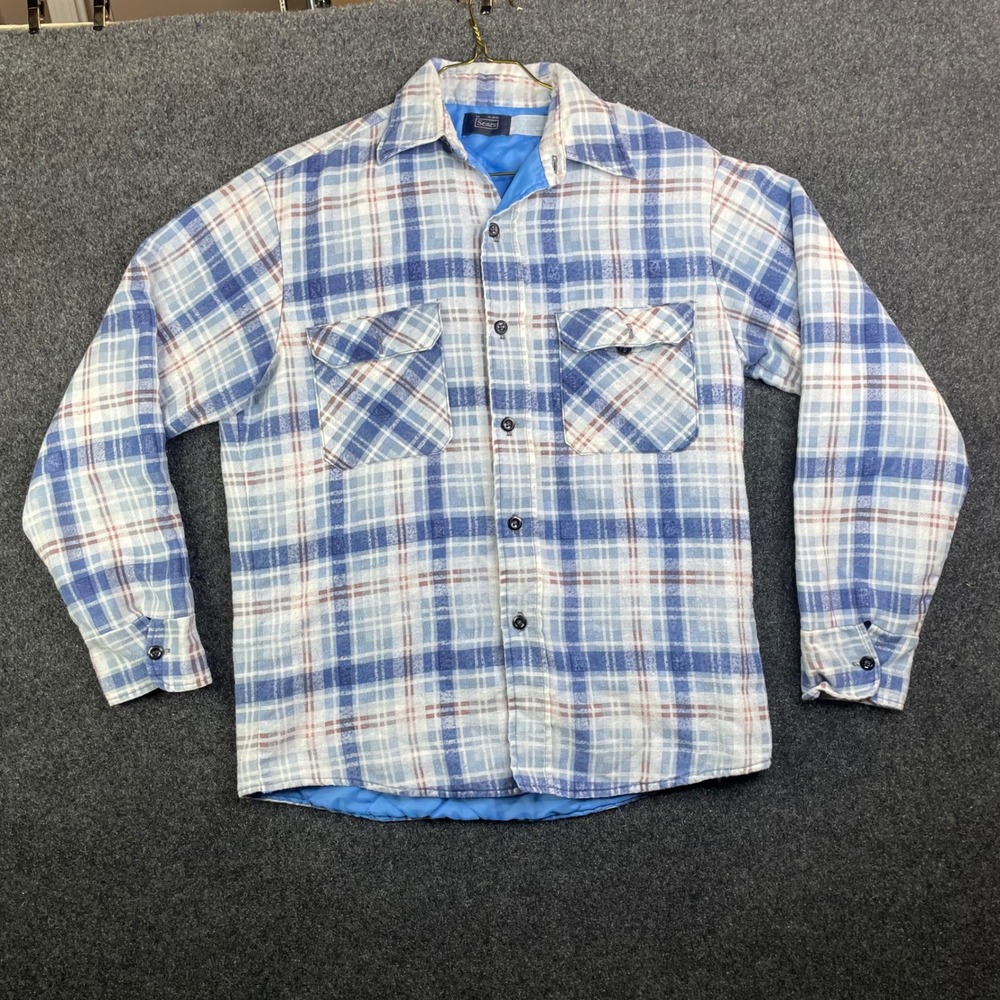 Sears Perma-Prest Quilted Plaid Flannel Shirt Jacket Men's Medium Blue